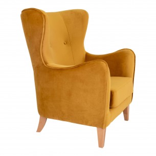Fauteuil Compo au design classique revetement tissu couleur moutarde, pietement en bois hêtre