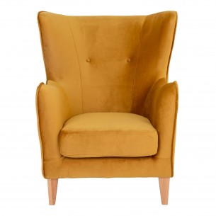 Fauteuil Compo au design classique revetement tissu couleur moutarde, pietement en bois hêtre