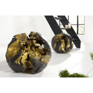 Ensemble de 2 objets décoratifs en bois de teck peint Or et noir Ensemble de 2 objets décoratifs en bois de teck peint Or et noir