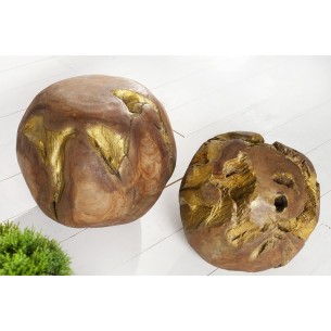 Ensemble de 2 objets décoratifs en bois de teck peint doré