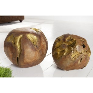 Ensemble de 2 objets décoratifs en bois de teck peint doré