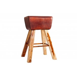 Tabouret design en bois massif et cuir marron Tabouret design en bois massif et cuir marron