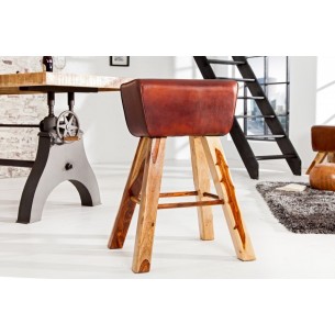 Tabouret design en bois massif et cuir marron Tabouret design en bois massif et cuir marron