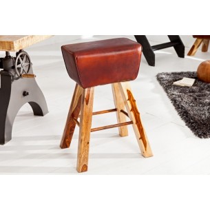 Tabouret design en bois massif et cuir marron Tabouret design en bois massif et cuir marron