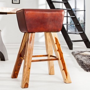 Tabouret design en bois massif et cuir marron Tabouret design en bois massif et cuir marron