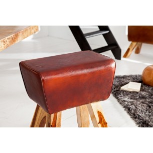 Tabouret design en bois massif et cuir marron Tabouret design en bois massif et cuir marron
