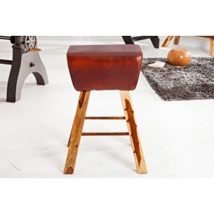 Tabouret design en bois massif et cuir marron Tabouret design en bois massif et cuir marron