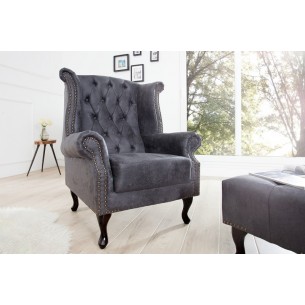 Fauteuil design Chesterfield coloris gris capitonné Fauteuil design Chesterfield coloris gris capitonné