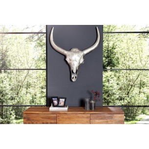 Trophée décoratif mural design crâne de taureau coloris argenté en aluminium