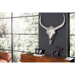 Trophée décoratif mural design crâne de taureau coloris argenté en aluminium