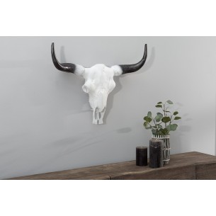 Trophée design crâne de taureau coloris blanc et noir de 50 cm