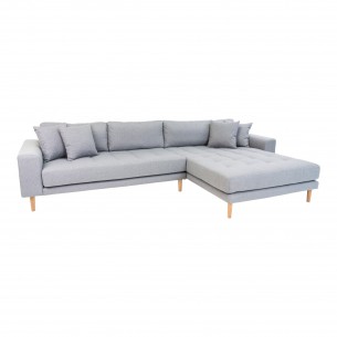 Canapé d'angle droit design coloris gris clair en tissu avec des pieds en bois naturel