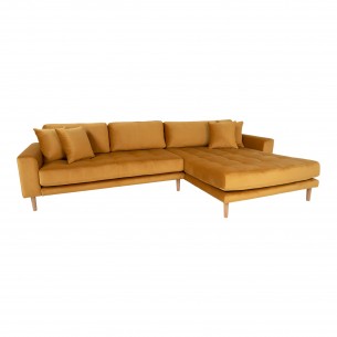 Canapé d'angle droit design en velours jaune moutarde avec des pieds en bois naturel Canapé d'angle droit design en velours jaune moutarde avec des pieds en bois naturel