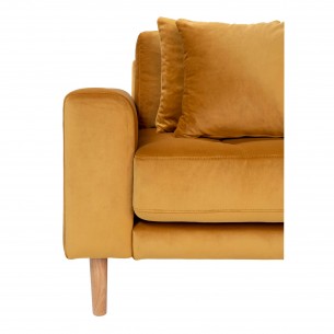 Canapé d'angle droit design en velours jaune moutarde avec des pieds en bois naturel Canapé d'angle droit design en velours jaune moutarde avec des pieds en bois naturel