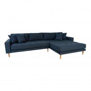 Canapé d'angle droit reversible coloris bleu foncé en tissu avec des pieds en bois naturel