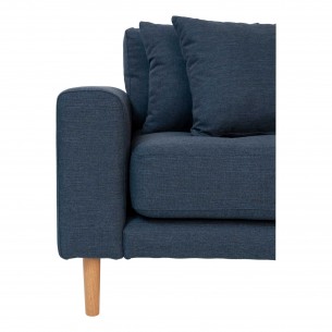 Canapé d'angle droit reversible coloris bleu foncé en tissu avec des pieds en bois naturel
