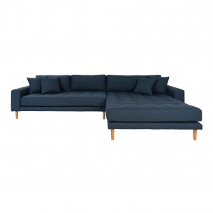 Canapé d'angle droit reversible coloris bleu foncé en tissu avec des pieds en bois naturel